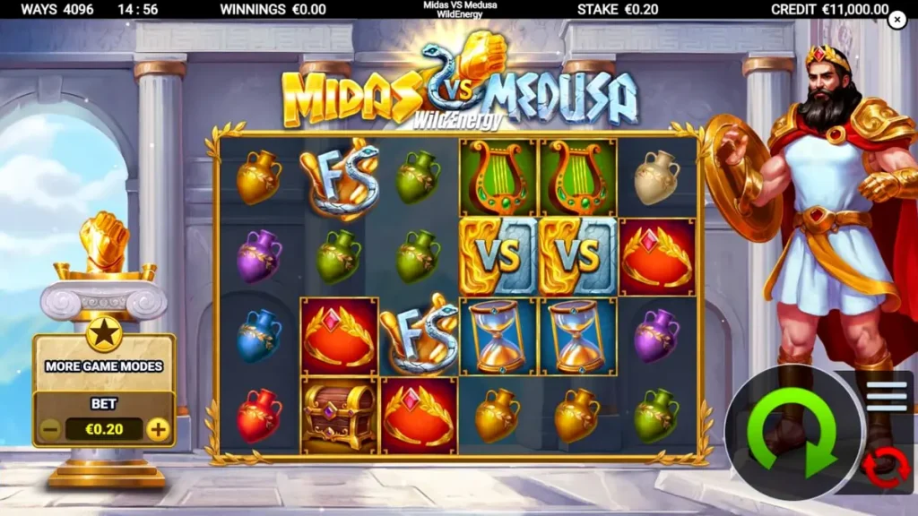 Tampilan visual slot Midas VS Medusa WildEnergy dengan latar belakang pertempuran mitologi